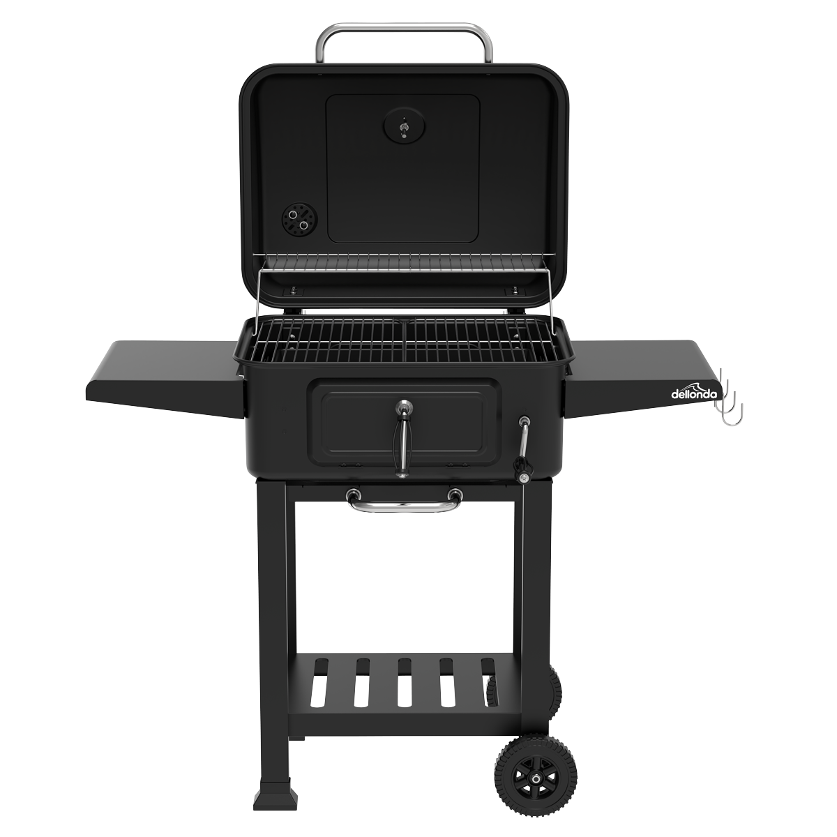 Charcoal Grill BBQ Smoker and Trolley with 2 Side Shelves - Black DG283