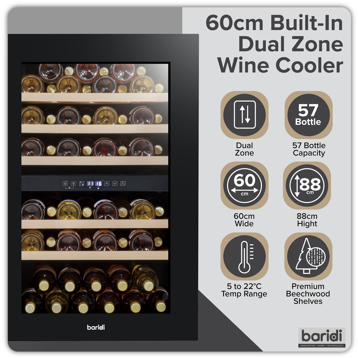57 Bottle Dual Zone Built-In Wine Fridge & Cooler 60cm DH118