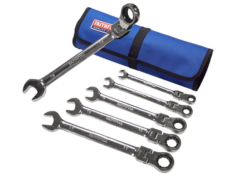 Ratchet Combination Spanner Set in Tool Roll, 6 Piece                           