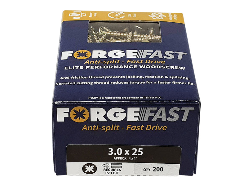ForgeFast Pozi Compatible Elite Performance Wood Screw ZY 3.0 x 25mm Box 200    