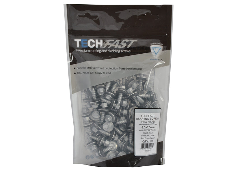 TechFast Hex Head Screw Sheet to Timber 6.3 x 25mm Pack 100                     